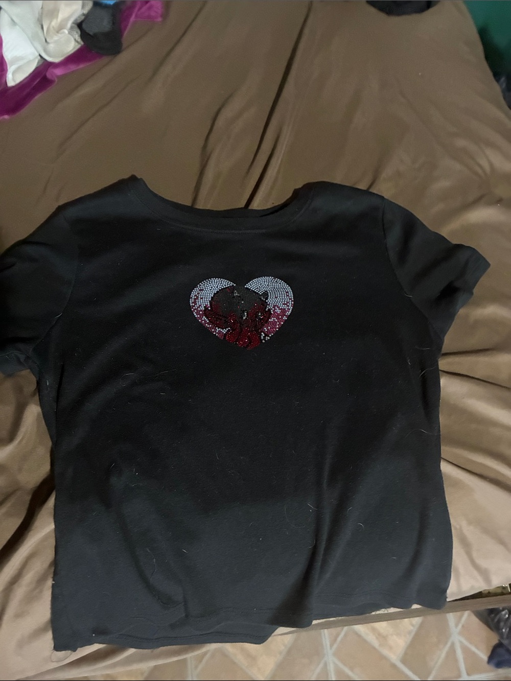 Black women’s crop top Short Sleeve Tee with Heart Sequin Accent